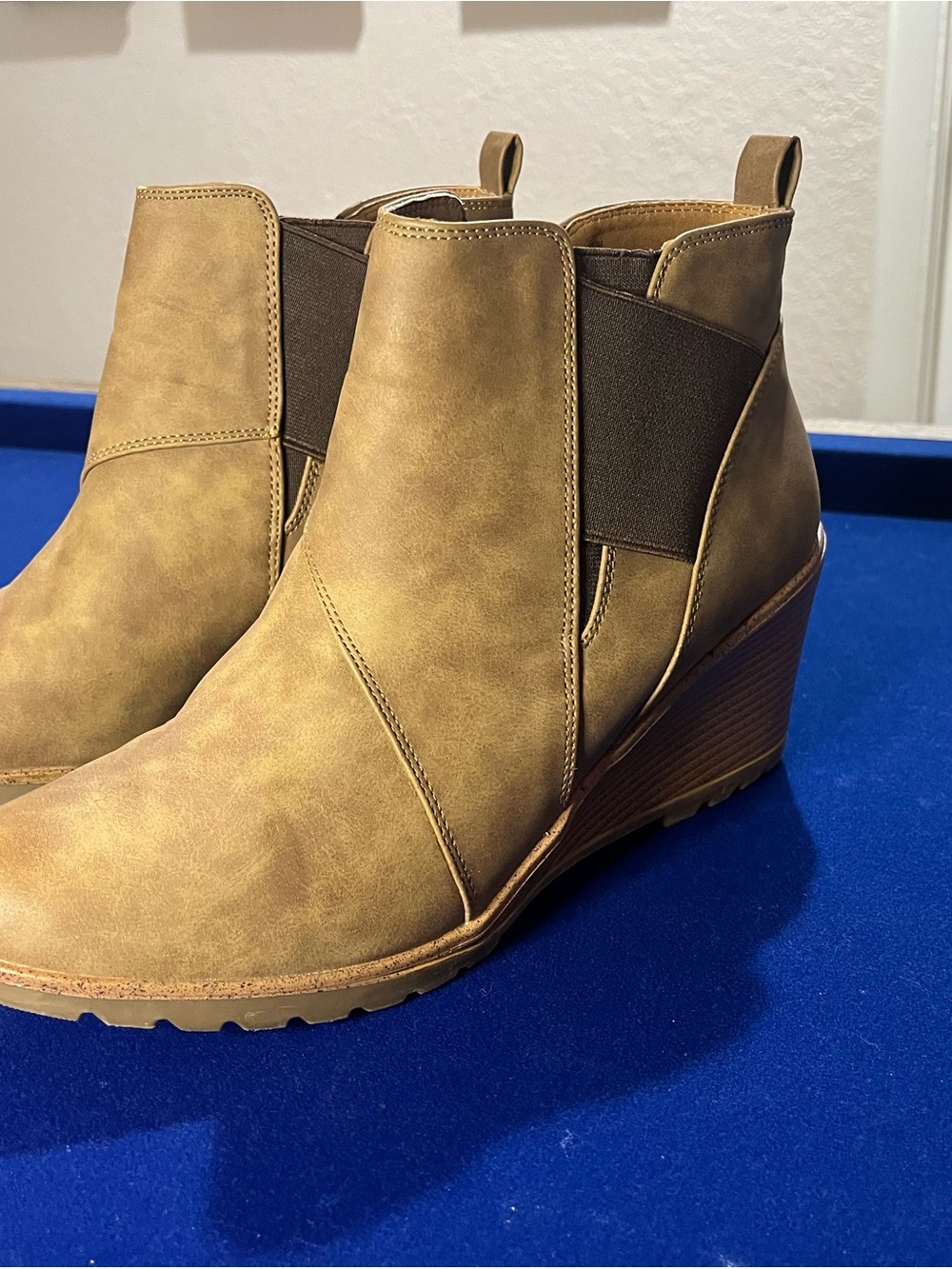 Women's Tan Wedge Ankle Boots with Elastic Side Panels